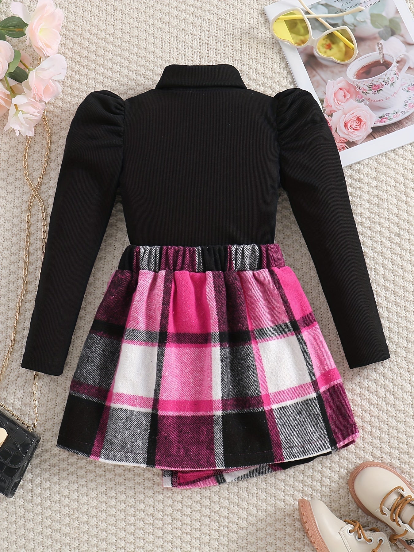 Chique Turtleneck Outfit voor Meisjes - Geruite Rok en Trui Set