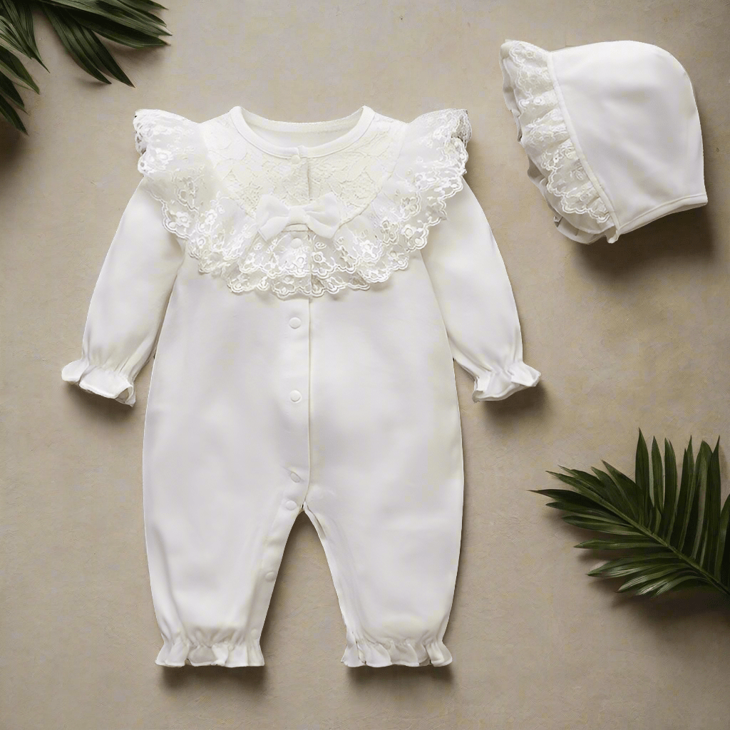 Rimpelige Kant Romper & Bonnet Set