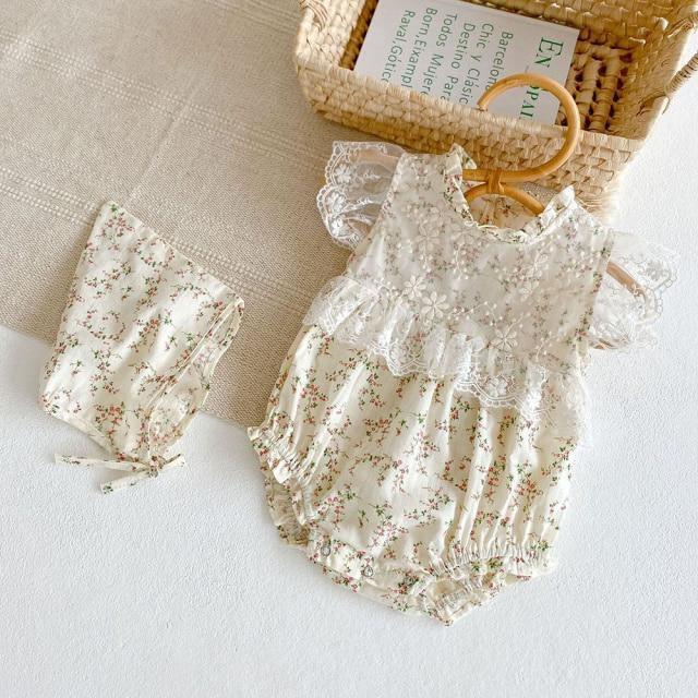 Bloemige Laced Romper met Matching Bonnet